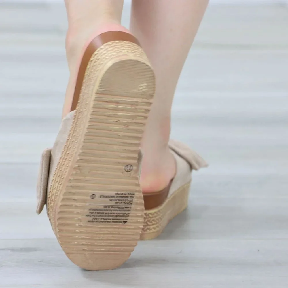 Suede Nude Bow Comfort Platform Sandal Slip On Sliders - Picture 9 of 14